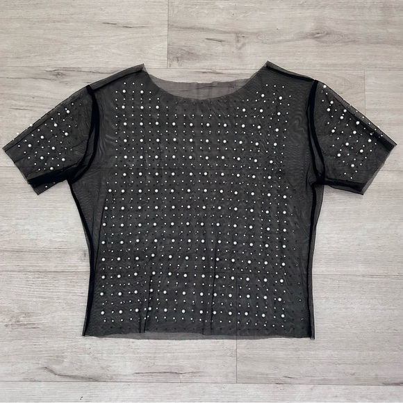 Women’s Pearl Rhinestone Sheer Mesh Cropped Tee - Picture 3 of 4